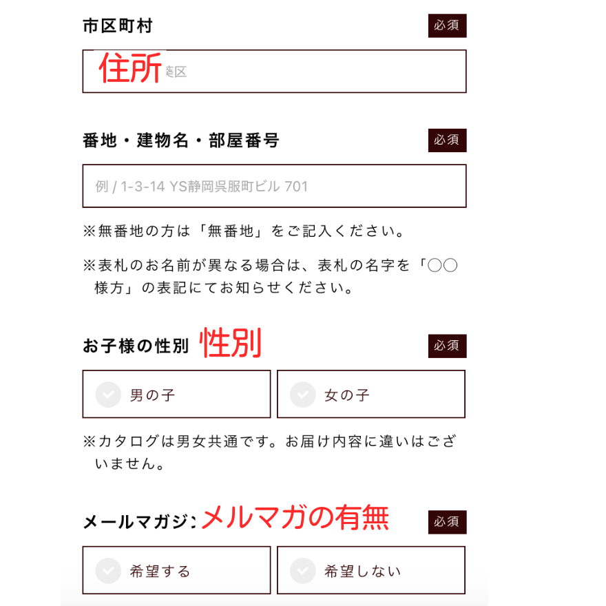 池田屋公式サイトのカタログ請求ページ住所・性別・メールアドレスの入力欄を示している
